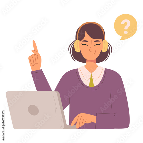 Young girl in headphones with laptop. Customer service concept. Customer service, hotline operator advises customer. Vector flat illustration for website or app