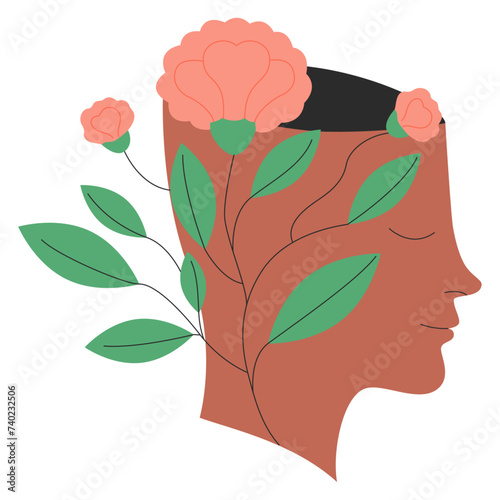 Head with growing flowers. Mental health, well being concept. Positive mindfulness. Concept of calm mind, relaxed and peaceful. Vector flat illustration for web or app