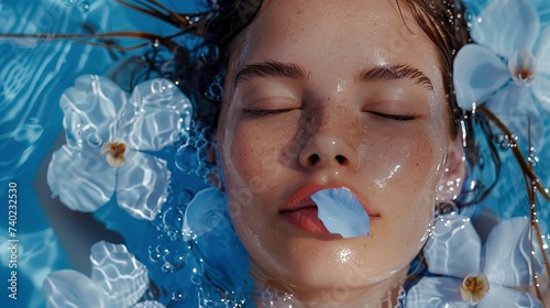 A portrait of a woman with face under water with blue flower petals. Close-up of a woman's face inspired by advertising in reverent style.