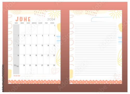 Vector monthly June 2024 planner with lines template