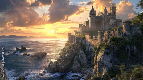 A medieval castle on a cliff overlooking the ocean  with knights and dragons. Medieval castle  cliffside setting  ocean view  knights  dragons  epic fantasy. Resplendent.