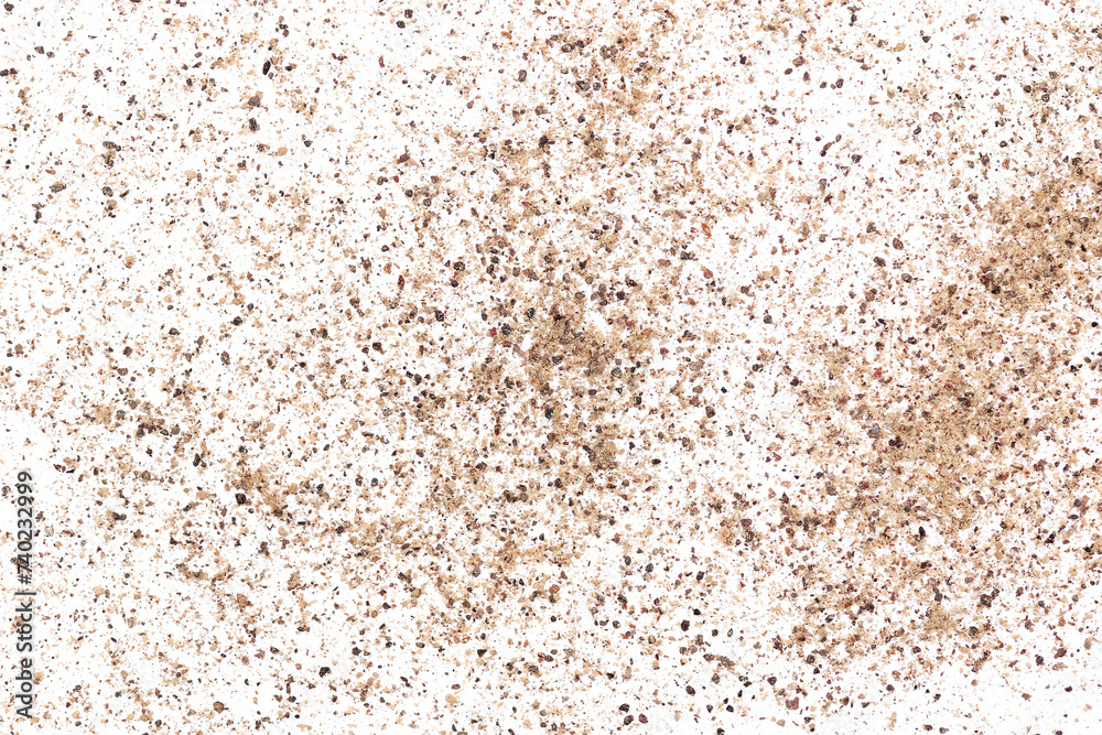 Minced black pepper, ground peppercorn pile isolated on white, top view Minced black pepper, ground peppercorn pile isolated on white, top view