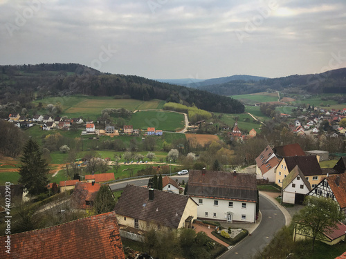 Panorama of the town Osternohe from the Schlossberg hill, Nürnberger Land, Bavaria, Germany, April 2019