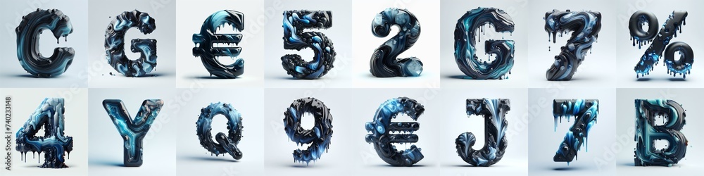 Fototapeta premium Obsidian and Blue glass 3D Lettering Typeface. AI generated illustration
