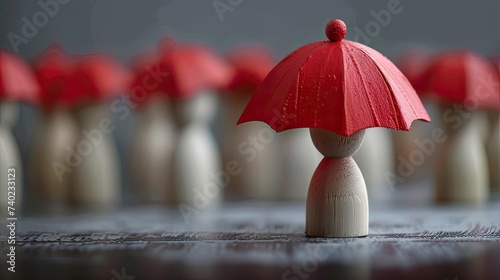 Striking image of red toy umbrella and wooden doll figures isolated, symbolizing insurance coverage