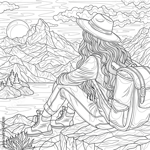 A girl tourist with a backpack sits on a stone and looks at the mountains.Coloring book antistress for children and adults. 