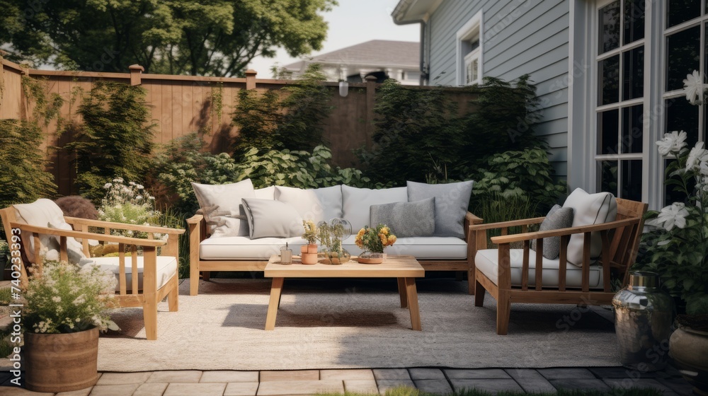 A Patio With a Couch, Table, and Chairs A Patio With a Couch, Table, and Chairs