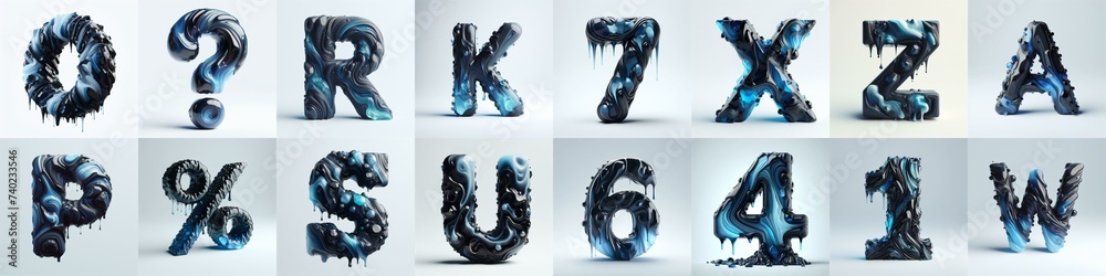 Obsidian and Blue glass 3D Lettering Typeface. AI generated illustration