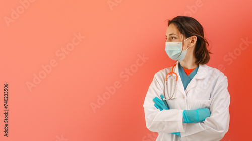 A medical professional donning protective gear stands stoically against a sterile white wall, symbolizing the brave and crucial role of healthcare workers in times of crisis