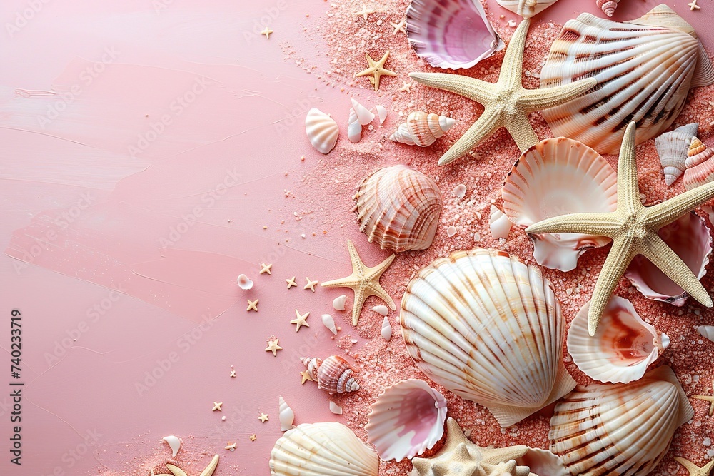 collection of various seashells and starfish on a pastel pink background top view with copy space, summer flat lay frame design collection of various seashells and starfish on a pastel pink background top view with copy space, summer flat lay frame design