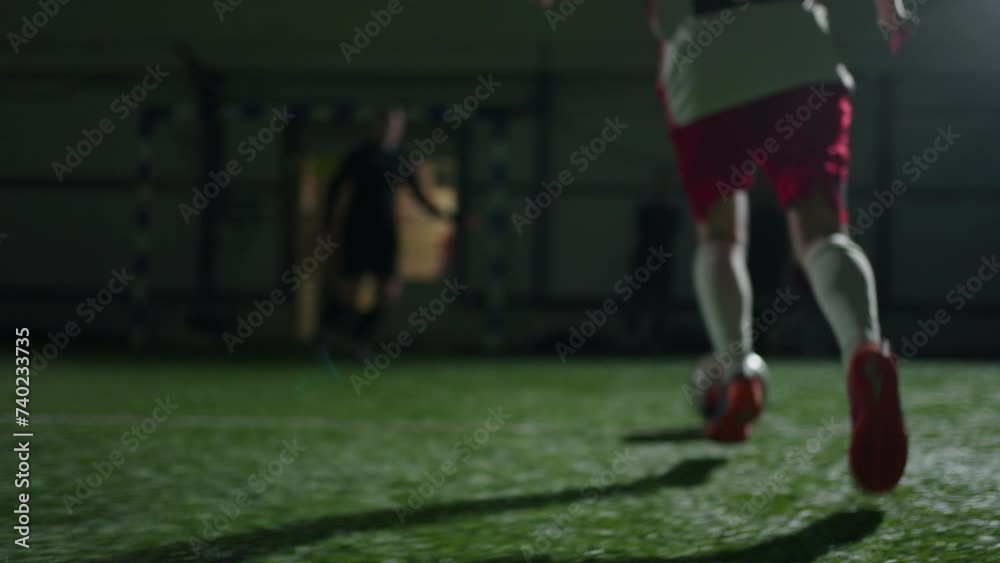 Talented Athletic Girl Running On Football Field, Kicking Ball And Scoring Goal, Workout Of Team