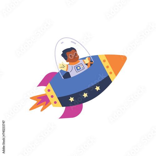 The illustration shows a boy in a spacesuit flying in space on a rocket.