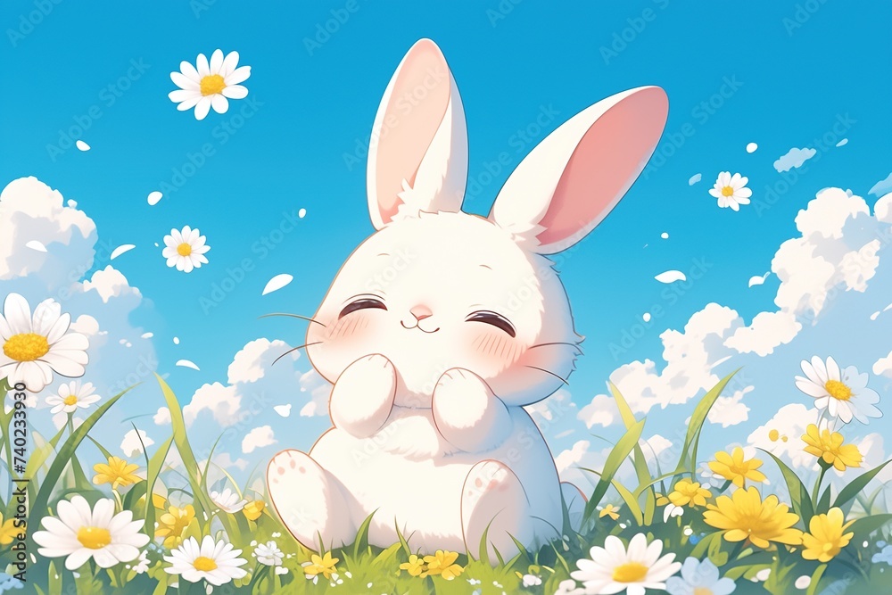 cute happy cartoon white rabbit sitting on a flower meadow on a sunny day cute happy cartoon white rabbit sitting on a flower meadow on a sunny day