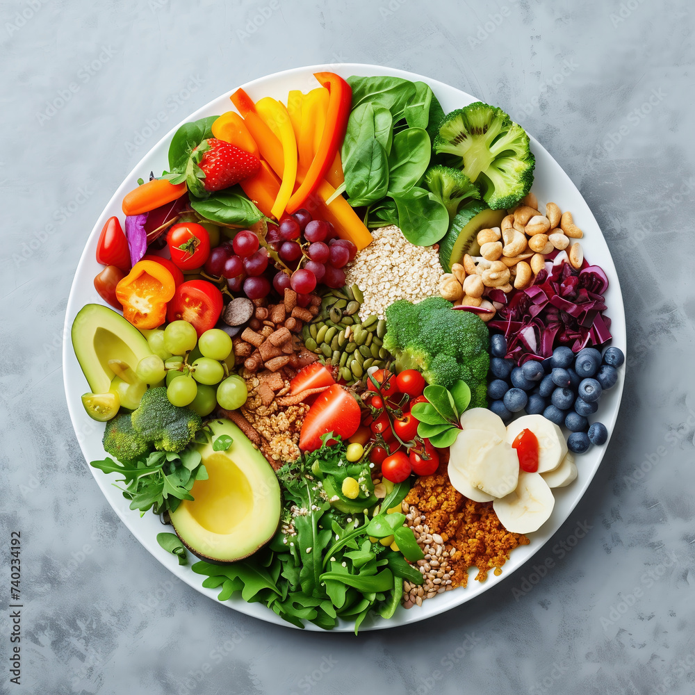 Healthy vegetarian salad bowl with vegetables, fruits and nuts. Top view, flat lay