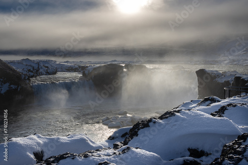 Arctic weather at Godafoss waterfall, Iceland