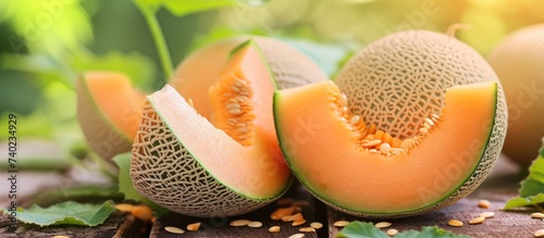 A group of vibrant ripe cantaloupe melons cut in half, displayed on a table. The juicy flesh and seeds are visible in each melon half, creating an enticing display of fresh fruit.