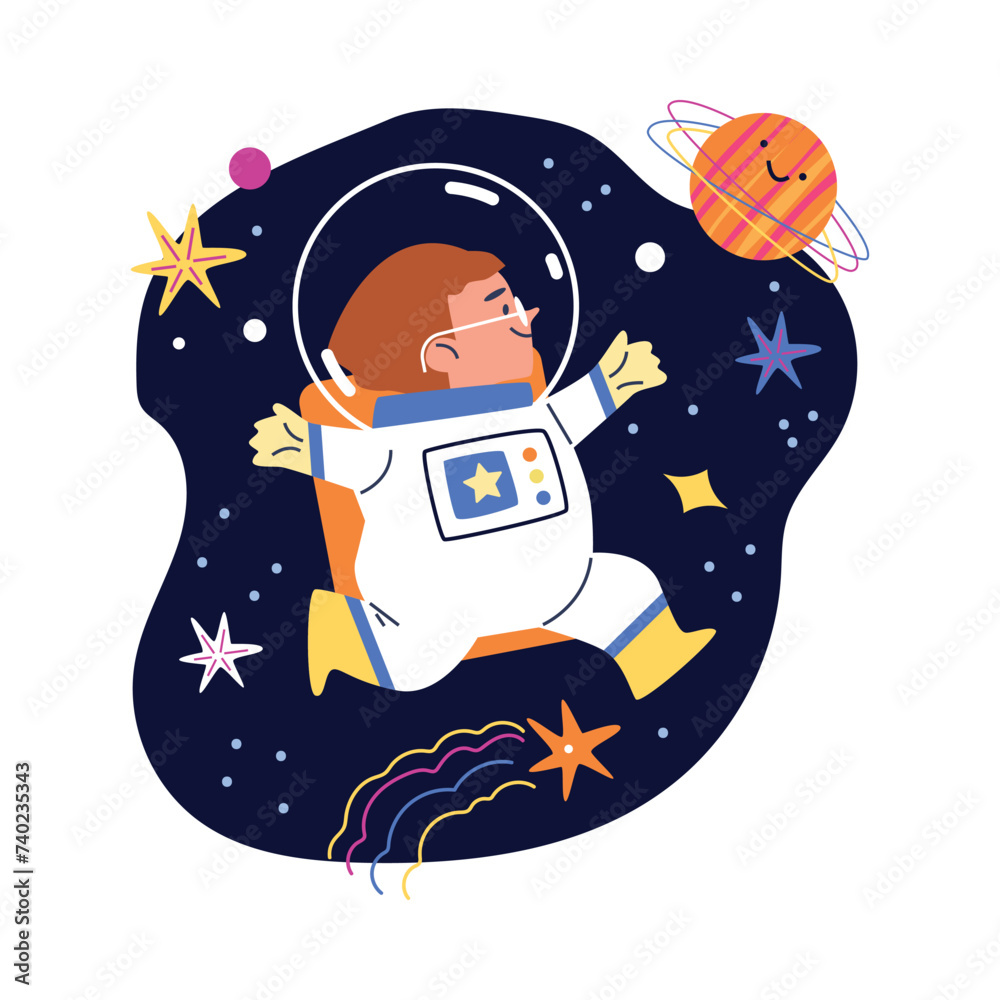 Fototapeta premium Cute child boy in astronaut costume flying at space flat style