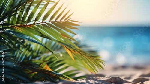 Close up photo of palm leaves with beach background summer vacation ambiance. With Generative AI