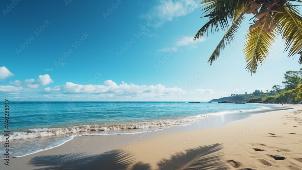 Tropical beach with palm trees during a sunny day. With Generative AI
