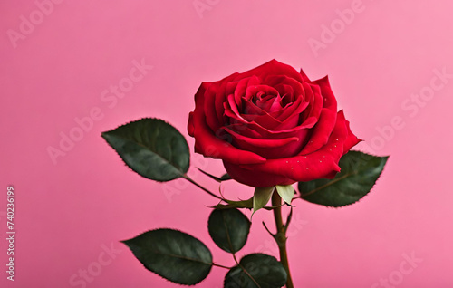 Red rose isolated on pink background.