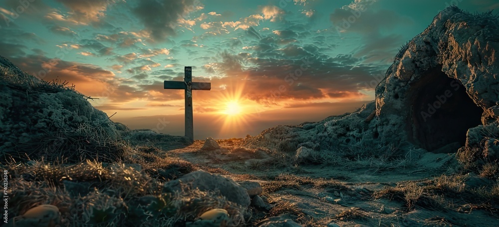 Serene image of an empty grave with a crucifix at dawn, symbolizing the Resurrection of Jesus - obrazy, fototapety, plakaty 