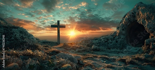 Serene image of an empty grave with a crucifix at dawn, symbolizing the Resurrection of Jesus photo