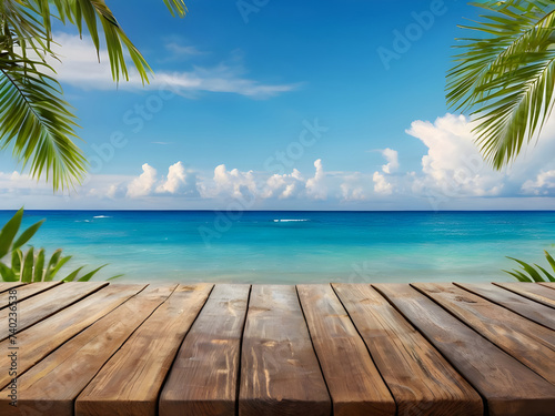 Summer tropical sea with waves, palm leaves and blue sky with clouds. Perfect vacation landscape with empty wooden table. Copy space.