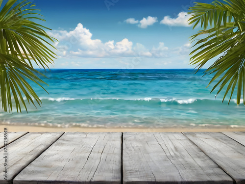 Summer tropical sea with waves  palm leaves and blue sky with clouds. Perfect vacation landscape with empty wooden table. Copy space.