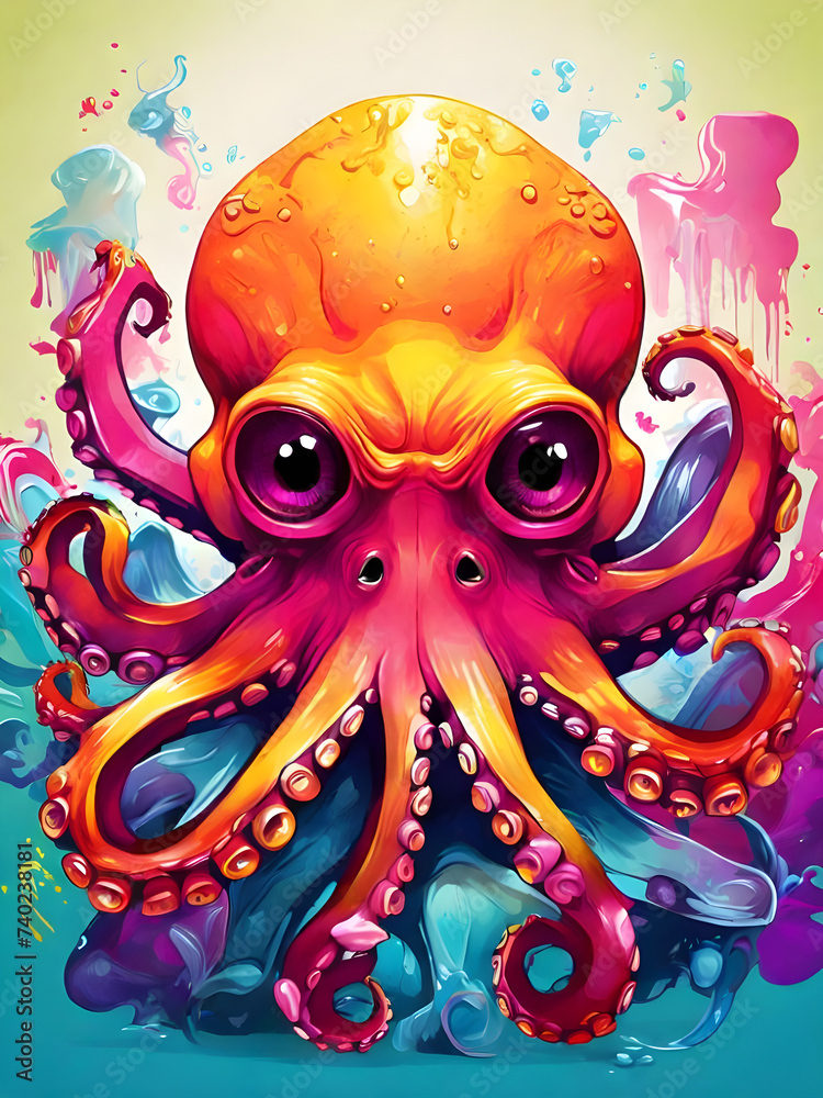 Vibrant colorful poster of  octopus.