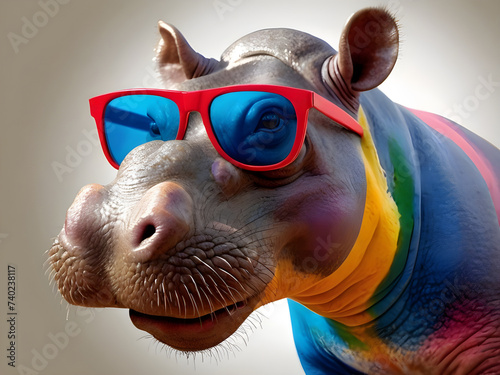 Colorful hippopotamus with sunglasses. photo