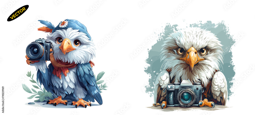 Filmmaker Eagle with Camera, Cinematic Vision Bird Vector Art, cinematic vision, storytelling from above, aerial shots, creative direction, movie magic, cute animal vector set