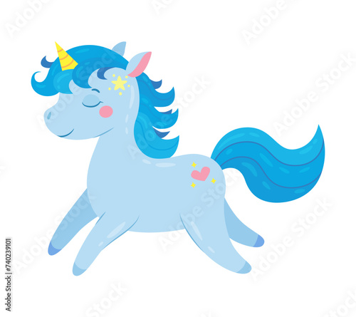 Magic blue unicorn runs and smiles. Cute hand drawn horse. Cartoon character for invitation, poster, sticker, print and greeting card. Vector illustration isolated on white background.