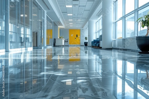 An impeccable office lobby boasts a highly polished floor with sunbeams and modern decor.