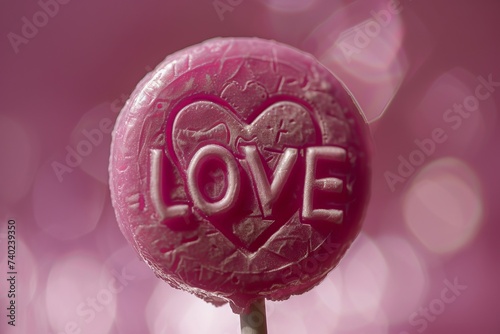 Close-up a pink lollipop with "LOVE" carved on it.