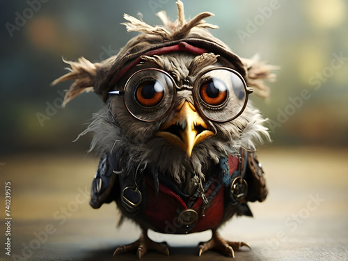 A really old crazy quirky nerdy owl creature, wearing glasses. photo