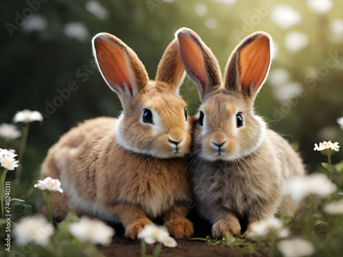 Two rabbits embracing each other in a very warm and affectionate manner. Rabbits among flowers. © Natasa