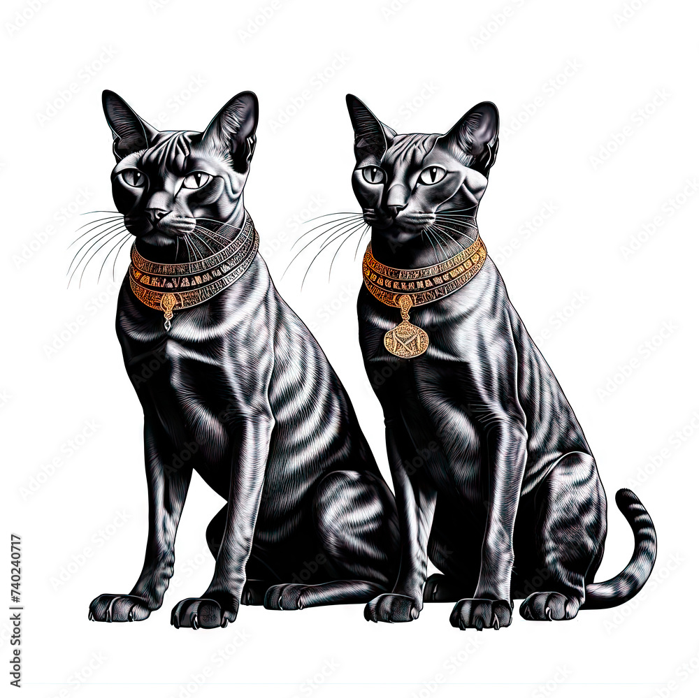 Two purebred black cats in Egyptian necklaces on a white background isolated. An illustration in the Art Nouveau style.