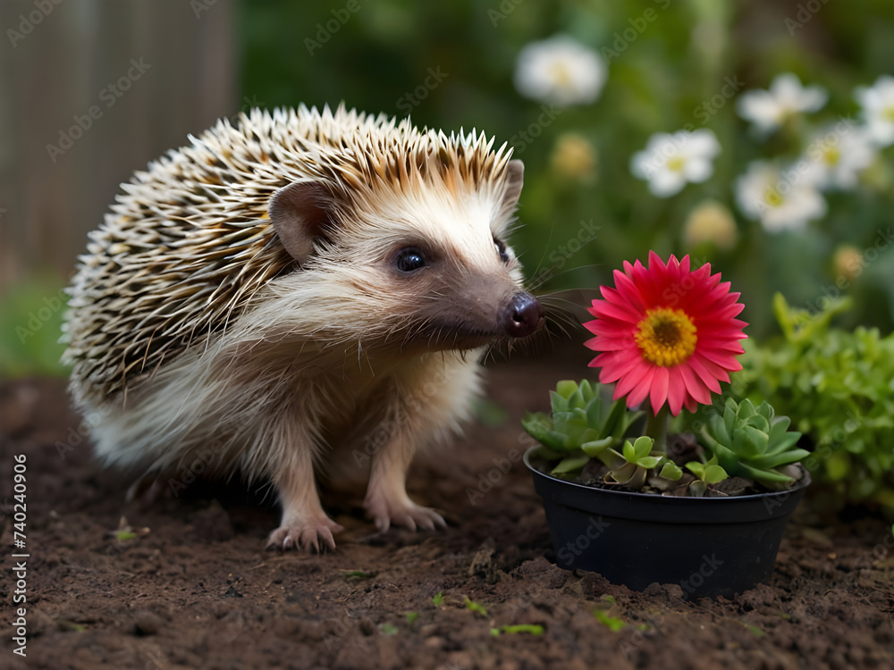 Fototapeta premium A hedgehog in the garden smells a flower.