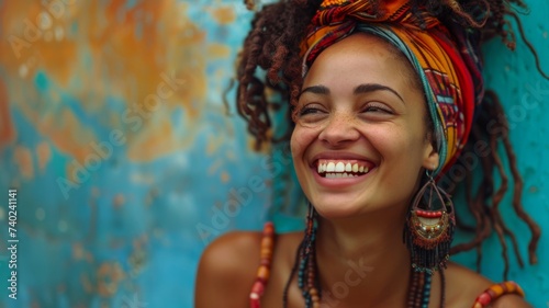 Cultural Beauty Smile - A portrait of a vibrant African woman with traditional African accessories, beaming with a radiant and cultural smile photo