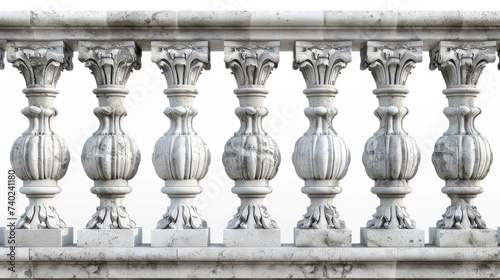 Striking image capturing the detail of a concrete Italian balustrade, presenting an ornate pattern in a seamless concept on a white background for easy selection.