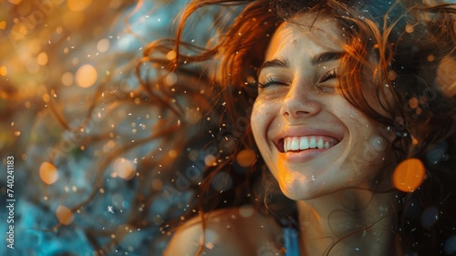 Joyful Woman with Golden Highlights - Radiant young woman with a beaming smile, surrounded by golden light and soft bokeh, embodying warmth and happiness.