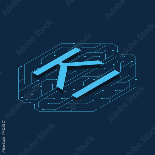 Schrift Künstliche Intelligenz KI und eine Leiterplatte in Form eines menschlichen Gehirns im isometrischen Stil als Vektorgrafik auf blauem Hintergrund. photo