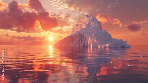 Serene Iceberg Sunset Scene - A tranquil sunset over icebergs, the calm sea reflecting the vibrant colors of dusk