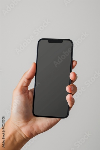 Male hand holding the black smartphone blank screen with modern frameless design