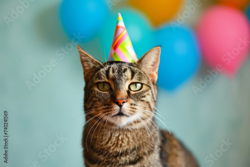 Cat Wearing Party Hat With Balloons in Background