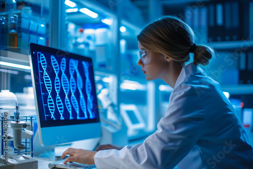 Female Scientist in Lab Coat Working on Computer
