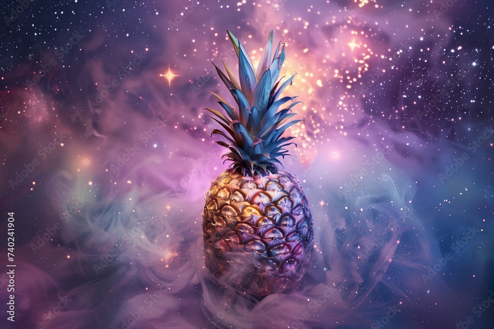 pineapple in a color space background - obrazy, fototapety, plakaty 