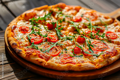 Delicious Pizza on Wooden Cutting Board