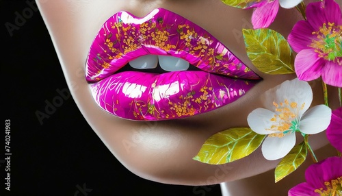 Cute female pink glossy lips with flowers