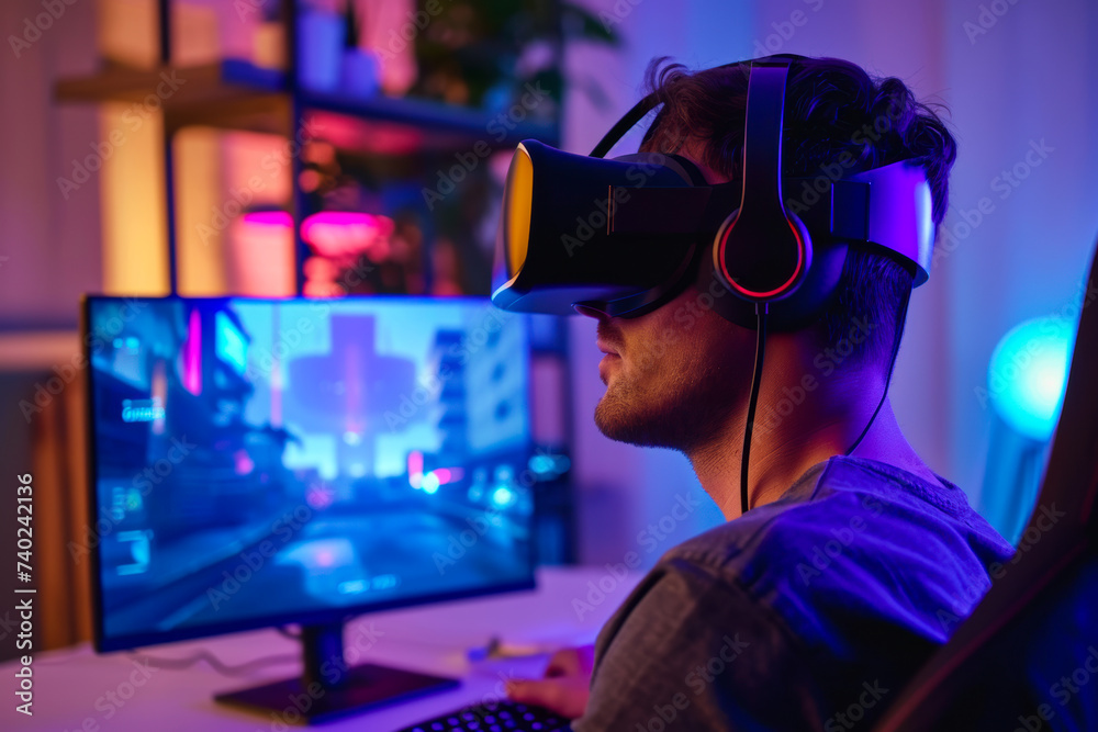 Man Using Virtual Reality Headset at Computer Man Using Virtual Reality Headset at Computer